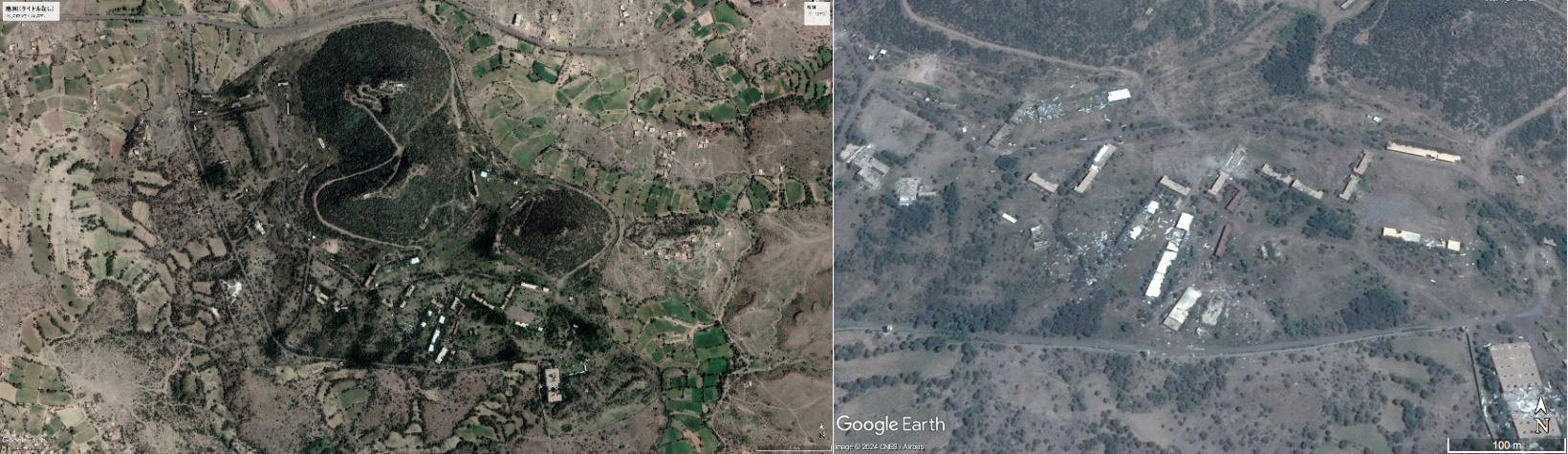 図4ジャナド基地の全体像（左）／空爆により破壊されたとみられる南側建造物（右）