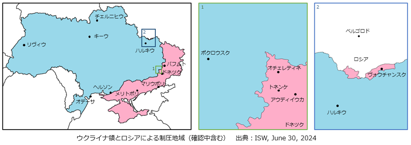 ウクライナ領とロシアによる制圧地域（確認中含む）の画像。出典：ISW,June30,2024