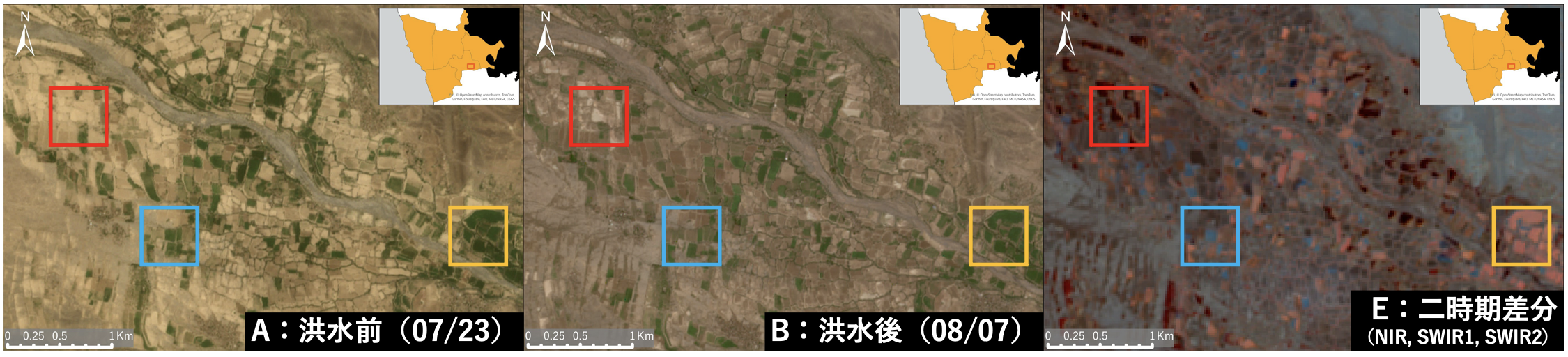 図9洪水前後の可視光画像（A, B）と二時期差分赤外画像（E）