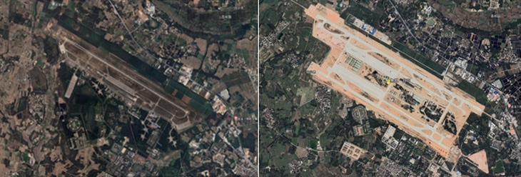 図１：遂渓飛行場の拡張状況（左：2018年10月、右：2022年12月）